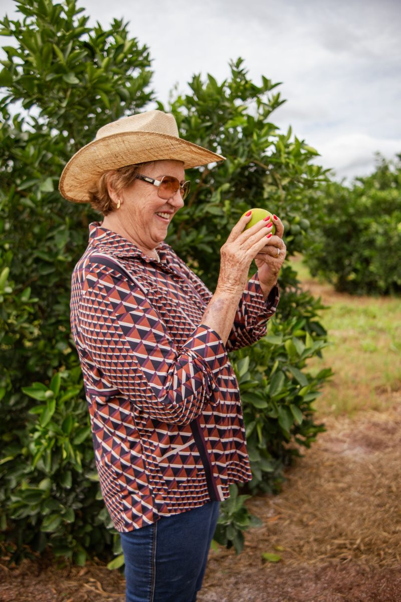 Produtora rural colhendo no pomar